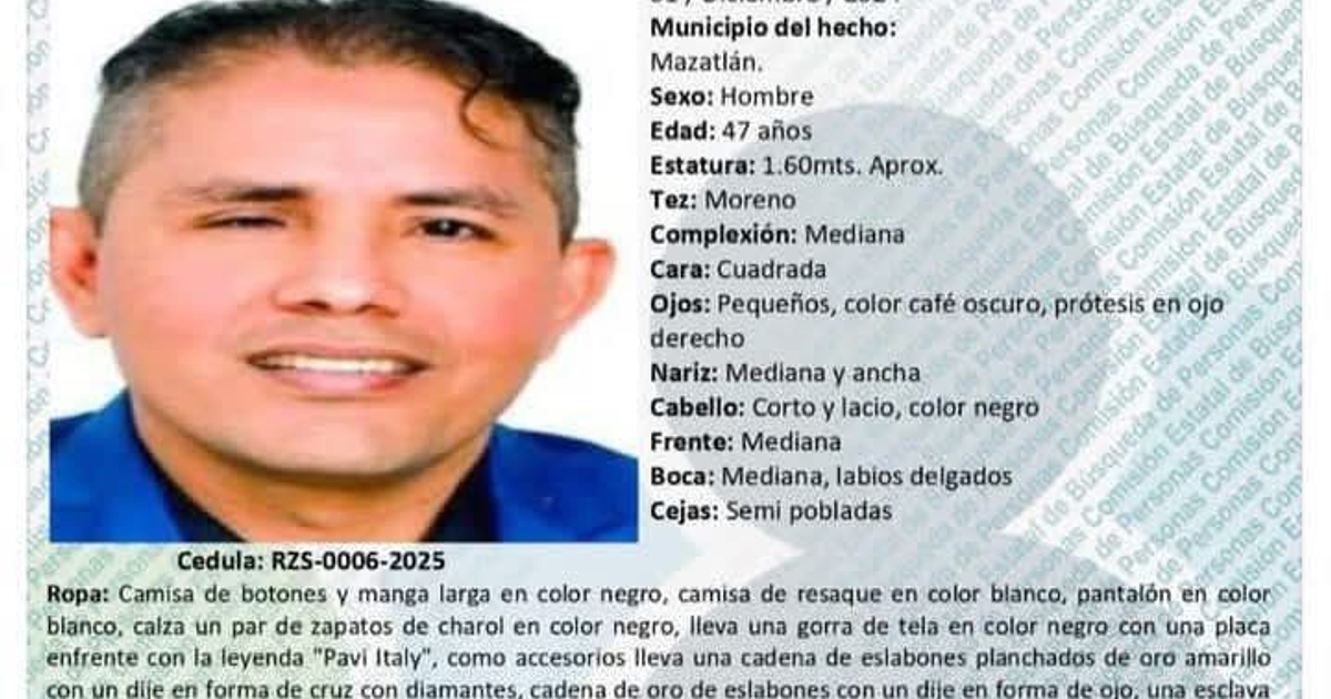 Ficha de identificación para Alvaro Andrés Rivera Vázquez, hombre desaparecido en Mazatlán