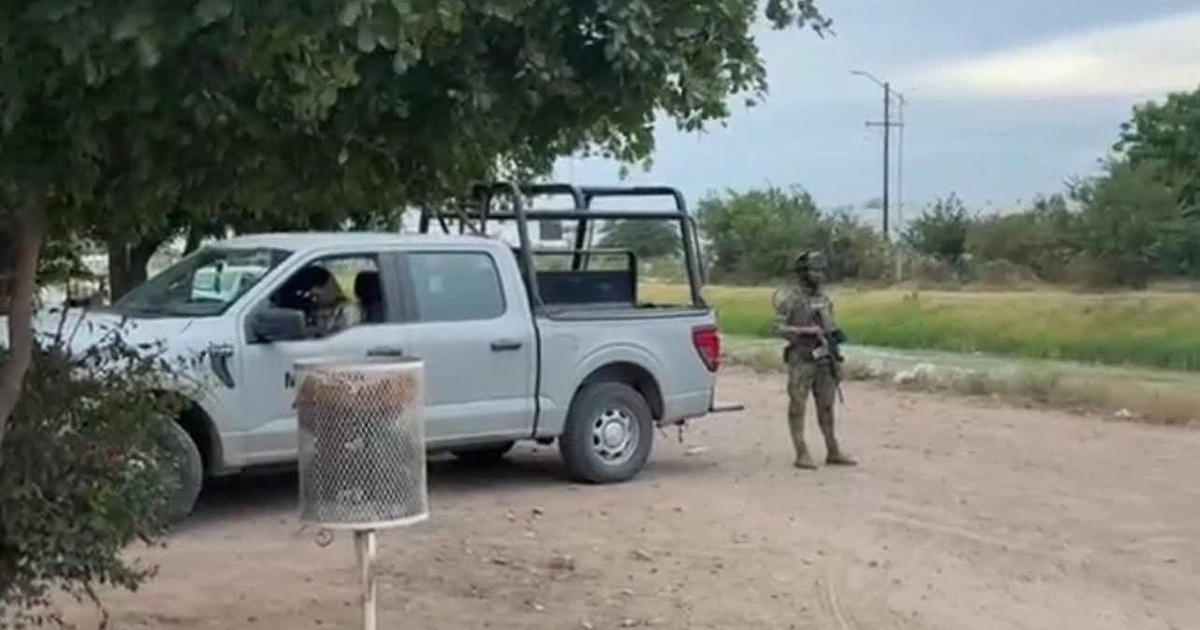 Camioneta gris con personal militar junto a área arbolada en Sinaloa.