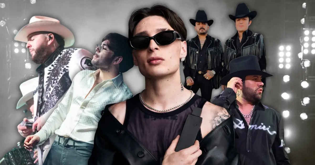 Músicos del regional mexicano en imagen no identificada, relacionado con narcocorridos y sanciones.