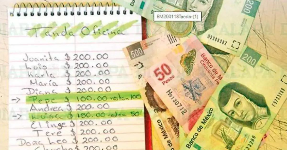 Lista titulada 'Tanda Oficina' con montos de dinero y billetes mexicanos.