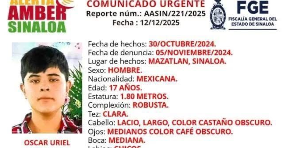 Comunicado de Alerta Amber sobre la desaparición de Óscar Uriel en Sinaloa.