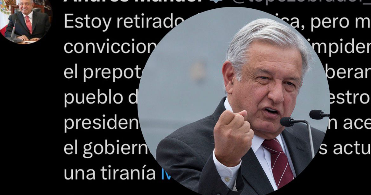 Imagen con tweet crítico y persona gesticulando, relacionada con el discurso de AMLO sobre soberanía.