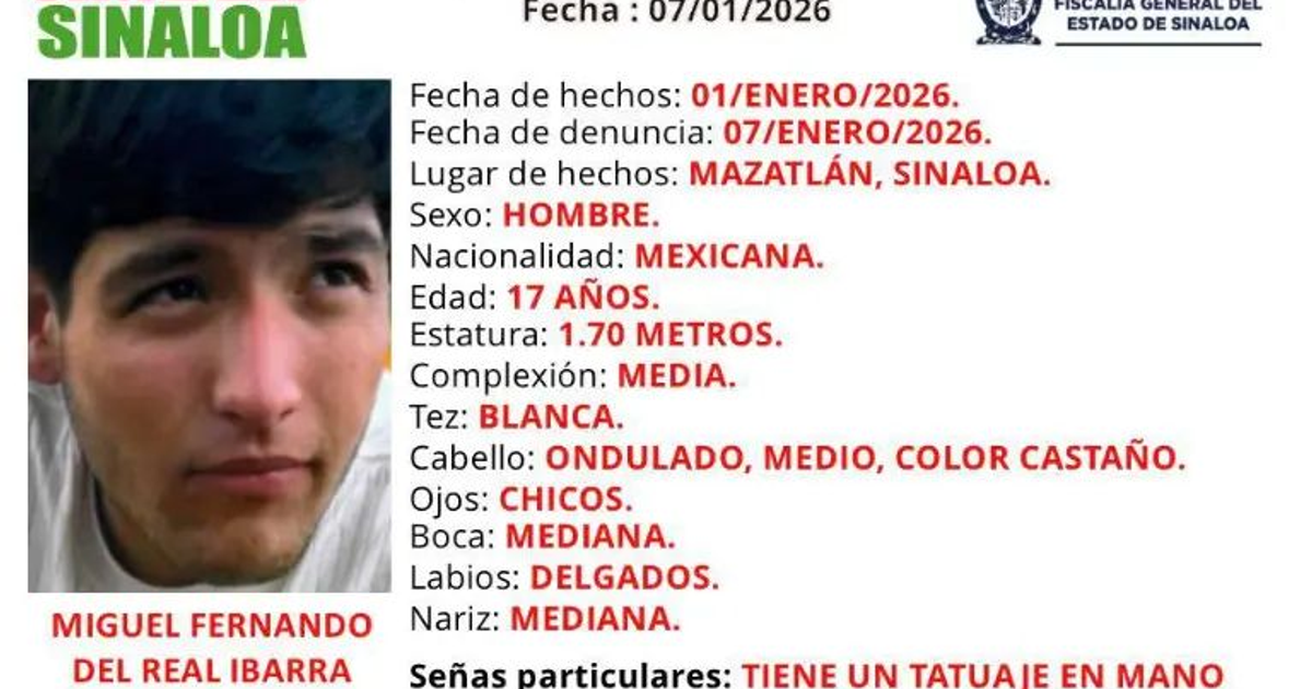 Ficha de desaparición de Miguel Fernando Del Real Ibarra en Mazatlán, Sinaloa