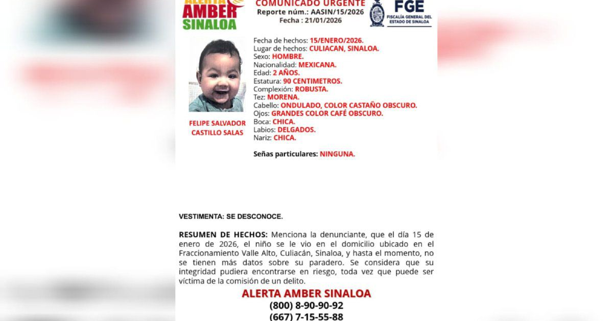 Comunicado de Alerta AMBER de Sinaloa para Felipe Salvador Castillo Salas, un niño de 2 años desaparecido.
