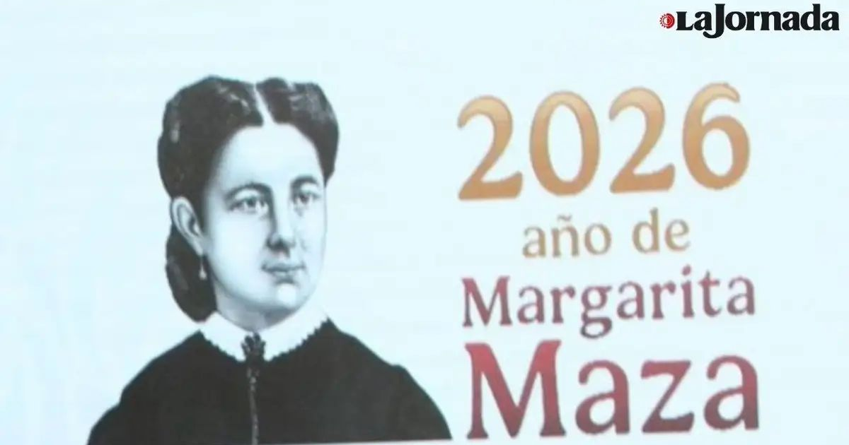 Cartel marcando 2026 como el Año de Margarita Maza Parada con su retrato en blanco y negro.