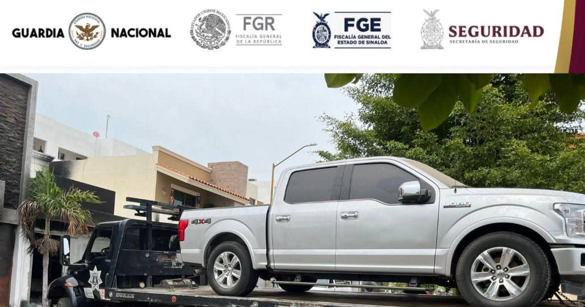 Camioneta plateada asegurada por la Guardia Nacional y FGR en Culiacán