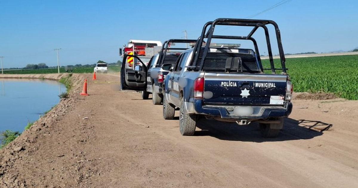 Vehículos de la policía en una carretera rural cerca de un canal, donde se halló un cadáver en Navolato, Sinaloa.