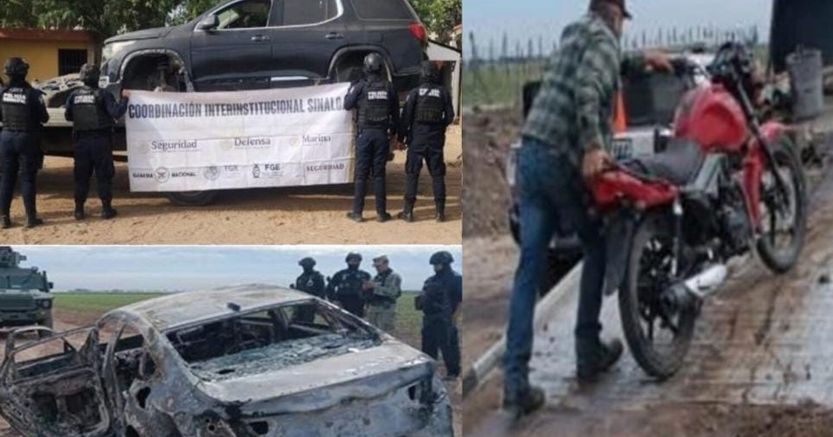 Fotografía de operativo de seguridad en Sinaloa con difusión institucional, vehículo dañado y actividades civiles.