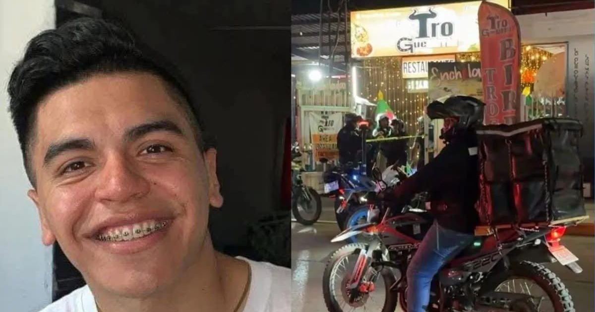 Imagen nocturna de Poza Rica con una persona con brackets y un repartidor en moto frente a un restaurante.