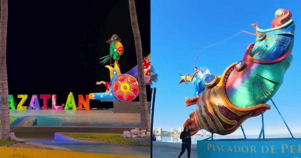 Esculturas de un loro pirata y un pez con pescador en Mazatlán, relacionadas con el Carnaval 2026.