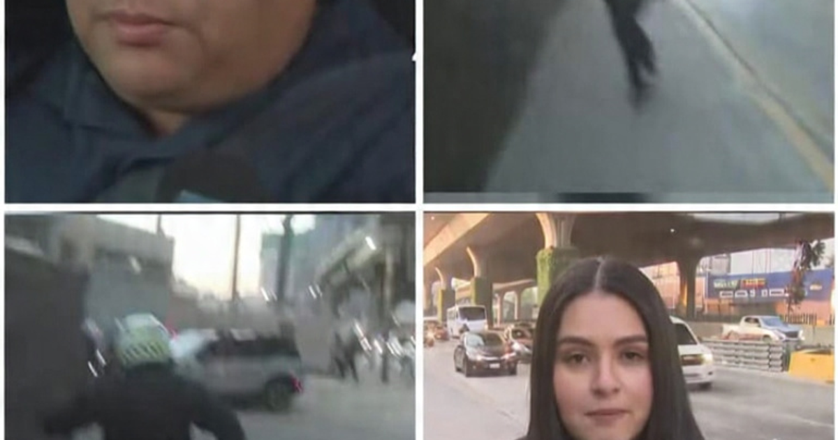 Collage: persona seria, corredor, entorno urbano, periodista hablando