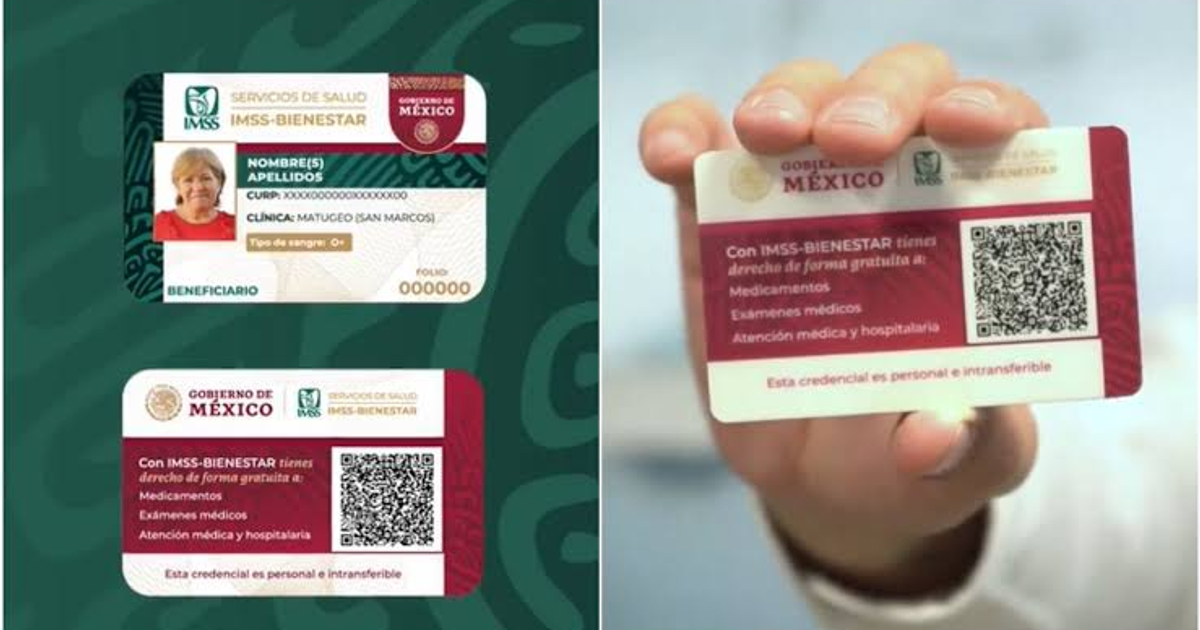 Tarjetas del IMSS-Bienestar con información clave sobre beneficiarios y derechos de salud en México.