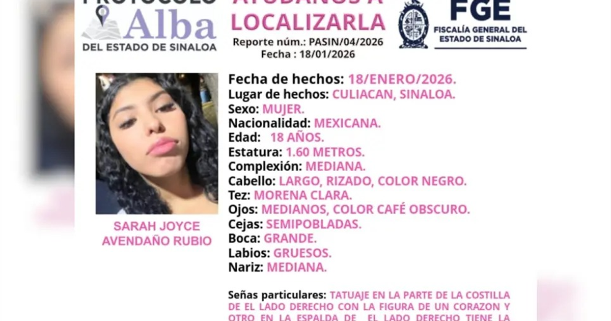 Aviso del protocolo Alba para Sarah Joyce Avendaño Rubio, joven desaparecida en Culiacán, Sinaloa, con detalles del caso.