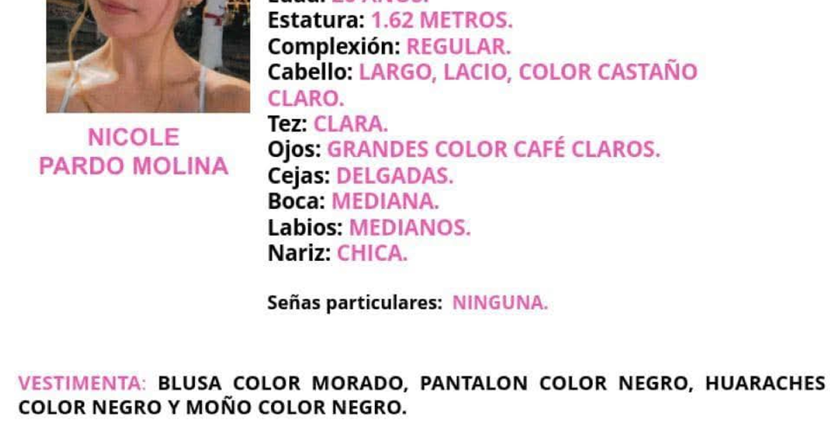 Ficha de búsqueda de Nicole Pardo Molina, 'la nicolette', detallando sus características físicas y vestimenta.