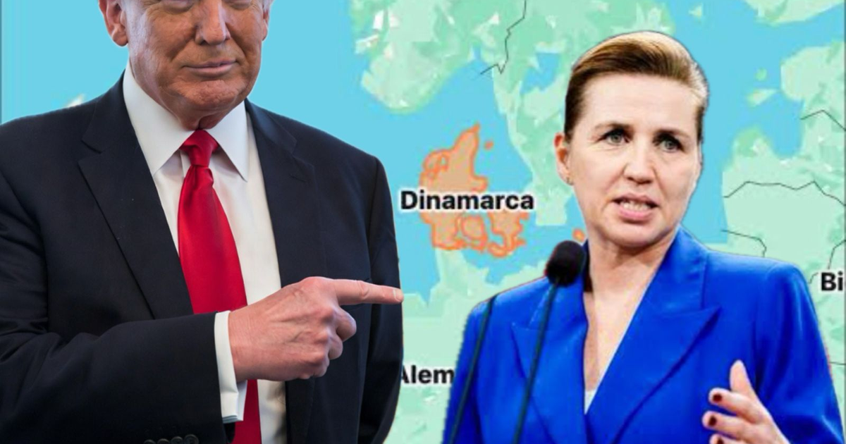 Dos personas discuten junto a un mapa de Dinamarca, destacando un contexto político vinculado a una instrucción militar danesa de 1952.