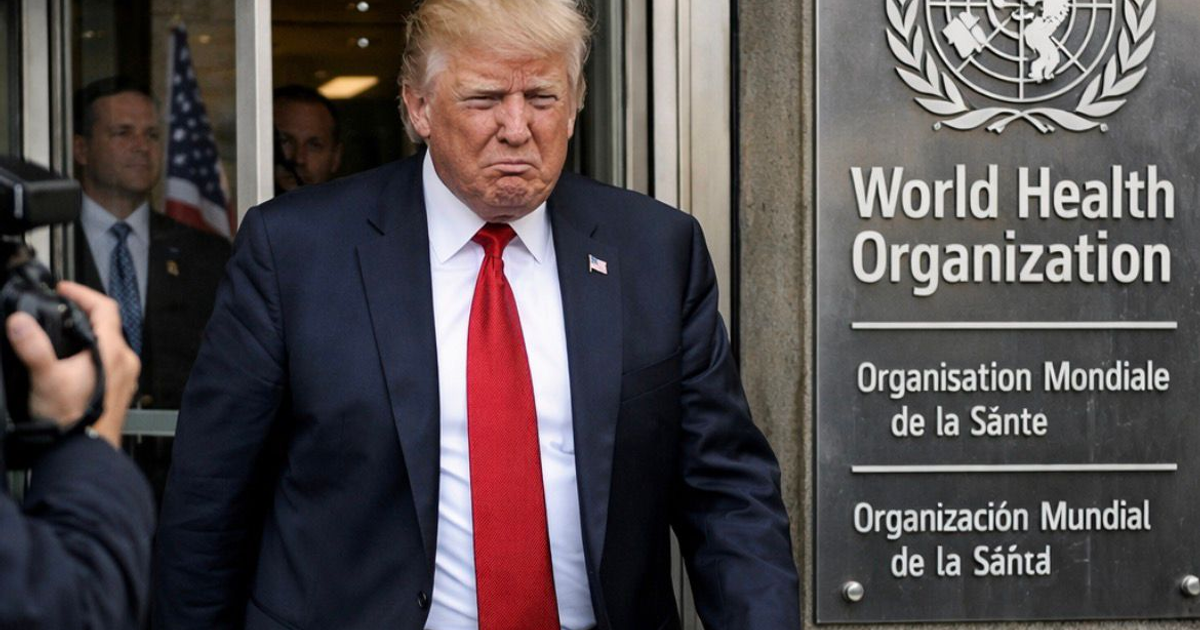 Fotografía del edificio de la Organización Mundial de la Salud, con una persona saliendo y un letrero en inglés visible.