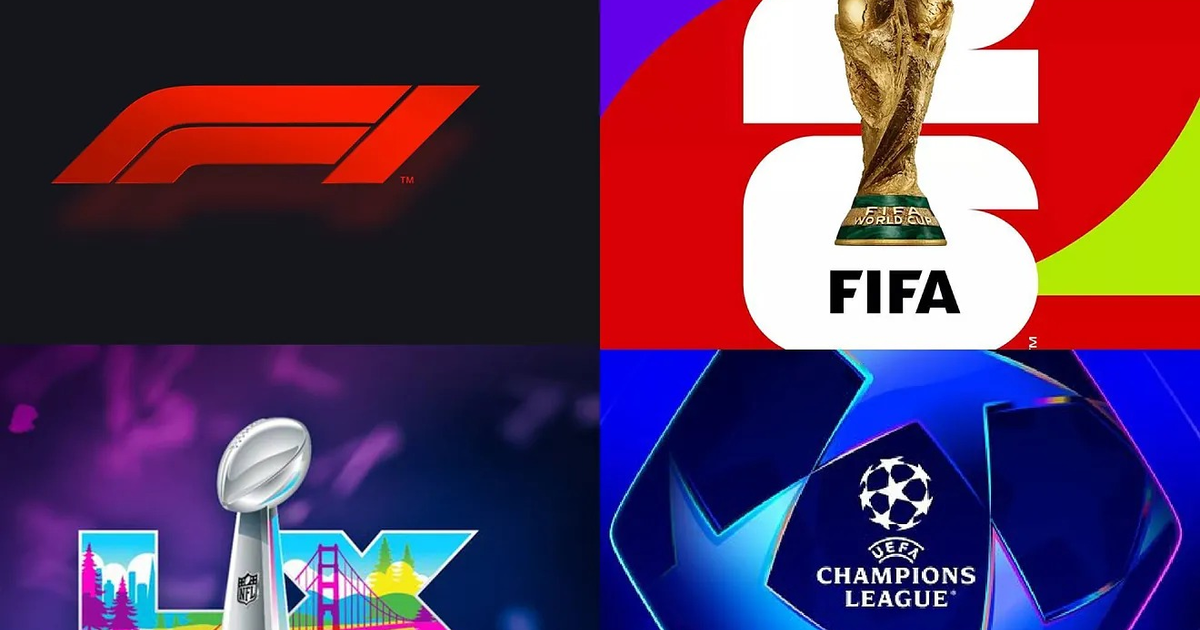 Logotipos de la Fórmula 1, Copa Mundial FIFA, Super Bowl de la NFL, y UEFA Champions League