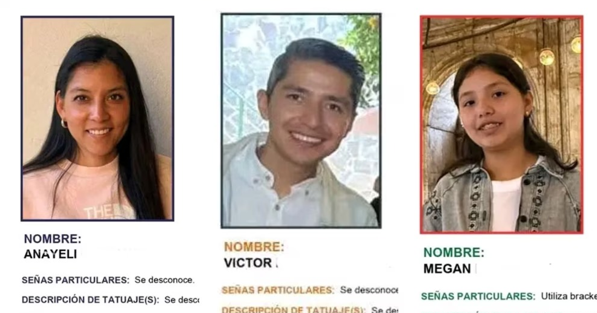 Retratos de Anayeli, Víctor y Megan, desaparecidos en Michoacán.