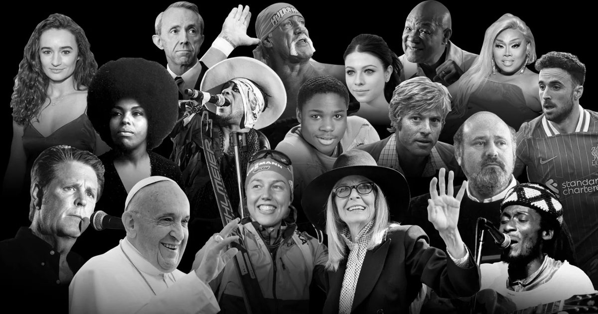 Una serie de retratos en blanco y negro que presentan a influyentes figuras del entretenimiento y cultura fallecidas en 2025.