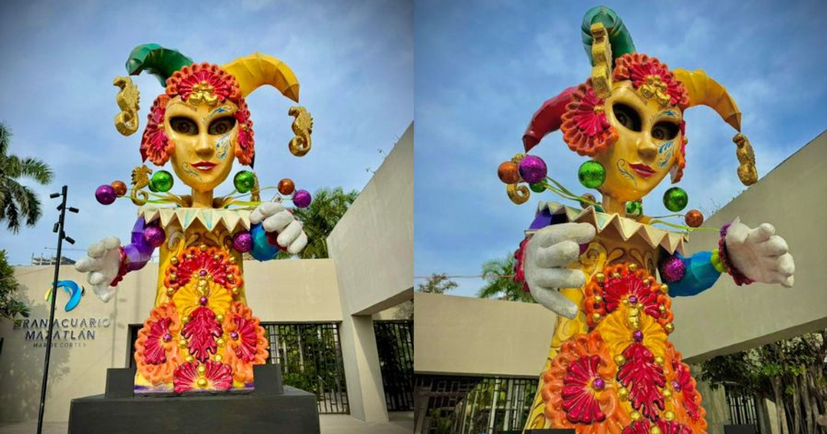 Escultura Arlequín del Mar en Gran Acuario Mazatlán, un colorido bufón marinero para el Carnaval 2026.
