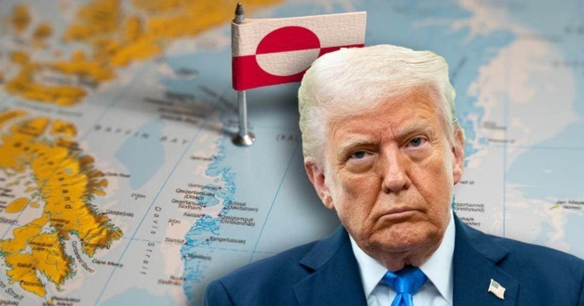 Mapa de Groenlandia con detalles estratégicos, marcaciones en amarillo y el retrato de Stephen Miller, asesor presidencial de EE. UU.