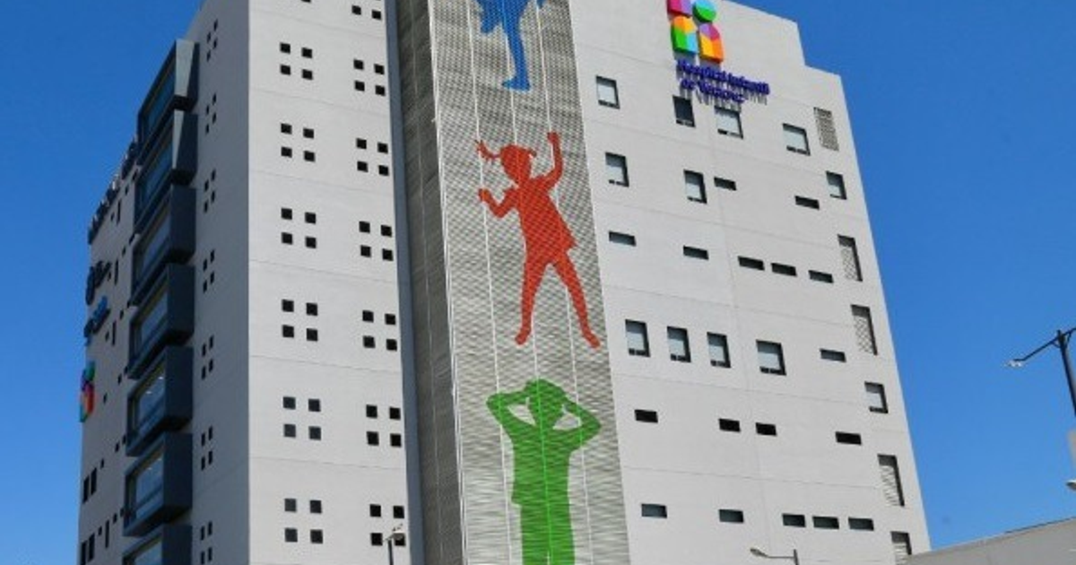 Fachada colorida de edificio moderno con personas representadas y el cielo azul, simbolizando vitalidad y movimiento.