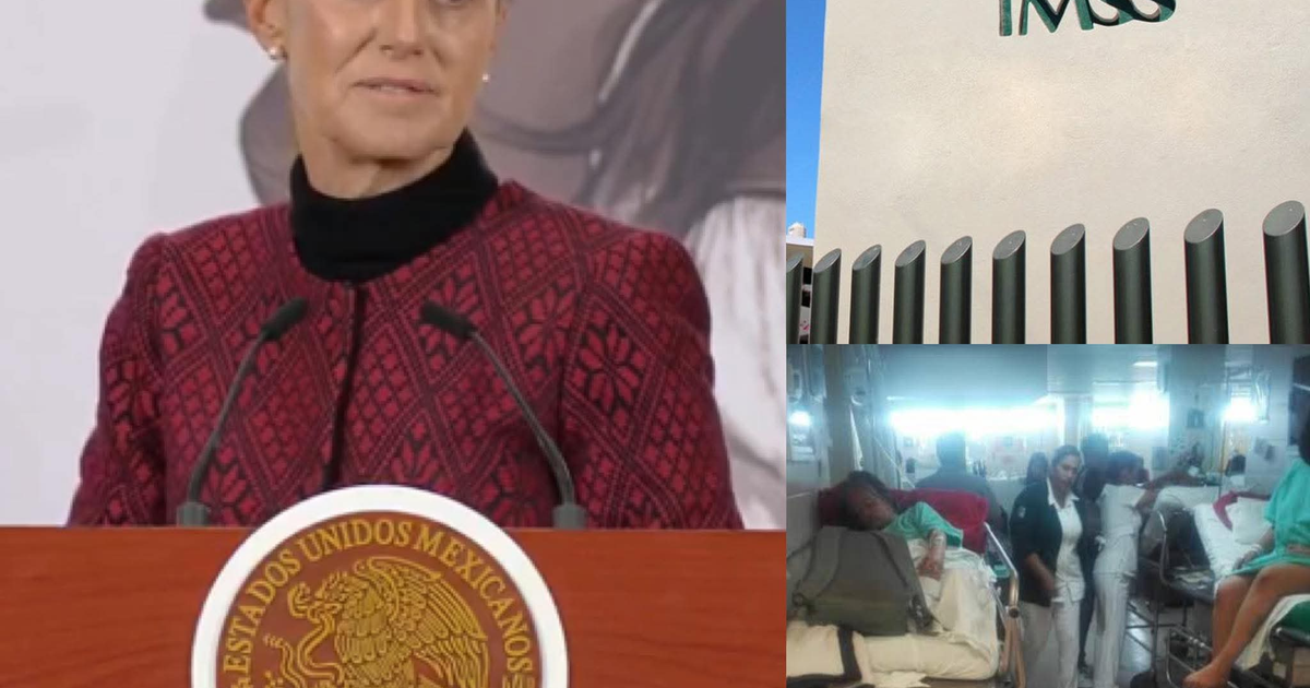 Claudia Sheinbaum en conferencia destacando al IMSS como líder en salud, con un hospital de fondo.