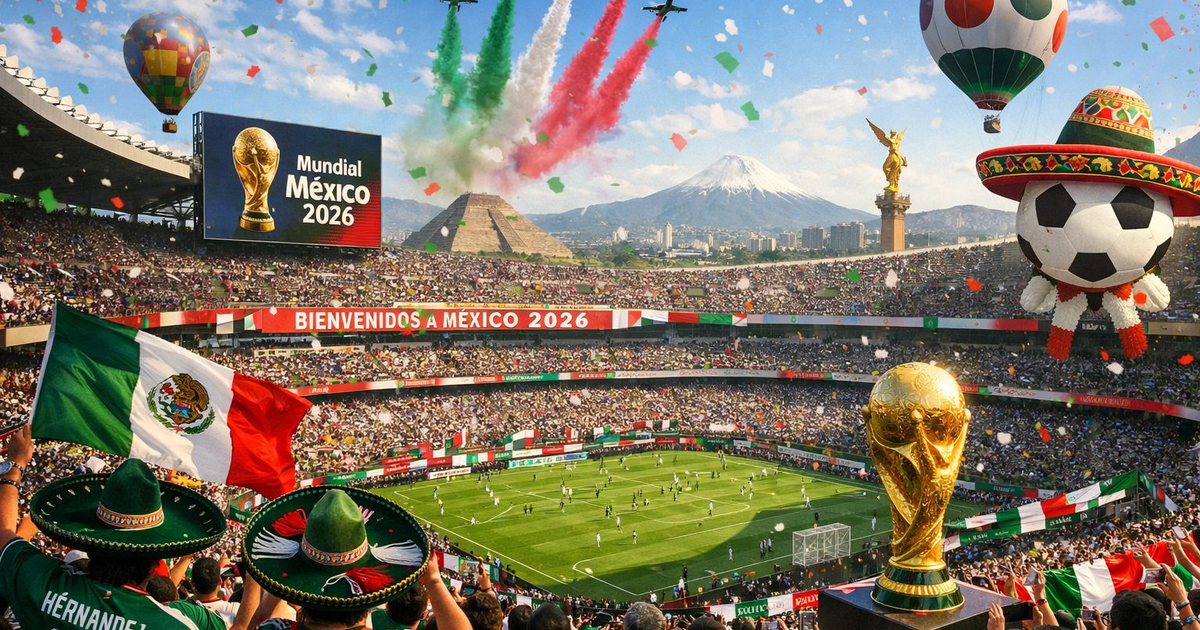 Estadio lleno durante el Mundial 2026 en México con banderas y globos, enmarcando nuevas normas fiscales para jugadores del evento.