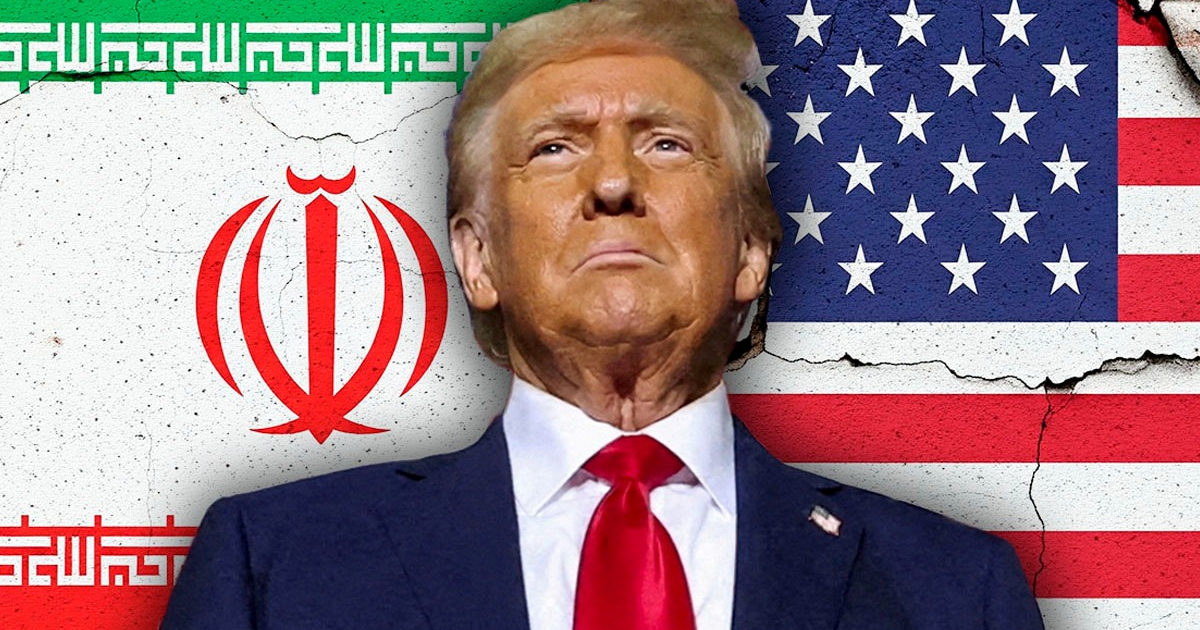 Imagen política de las banderas de Irán y Estados Unidos con una figura en primer plano.