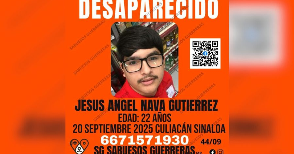 Cartel de búsqueda de Jesús Ángel Nava Gutiérrez desaparecido el 20 de septiembre de 2025 en Culiacán, Sinaloa.