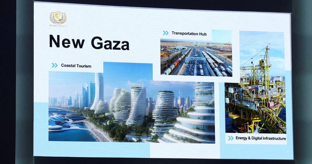 Propuesta 'New Gaza' presentada en Davos, mostrando desarrollo costero, hub de transporte y infraestructura energética.