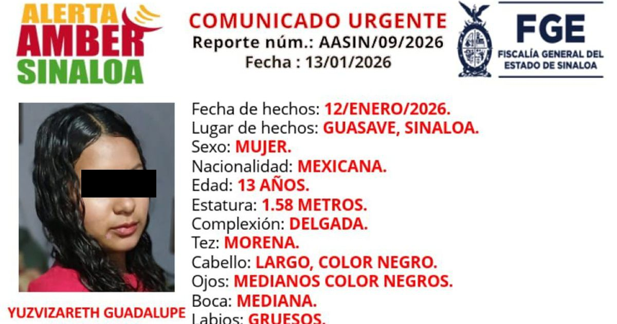 Comunicado de Alerta Amber Sinaloa para Yuzvizareth Guadalupe Valdez López, destacando características de identificación y detalles de la ubicación y búsqueda.