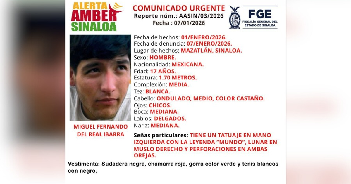 Imagen de la Alerta Amber emitida para Miguel Fernando Del Real Ibarra, con detalles de la desaparición en Mazatlán, Sinaloa.