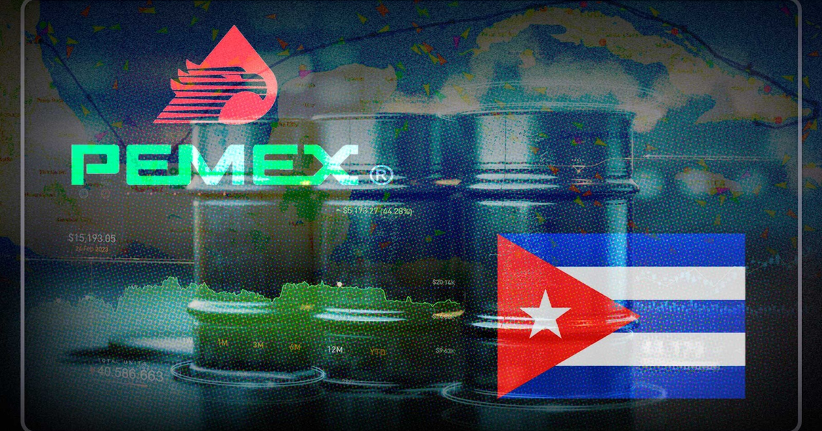 Logotipo de PEMEX con gráfico económico y bandera de Cuba, simbolizando el suministro de petróleo a la isla.