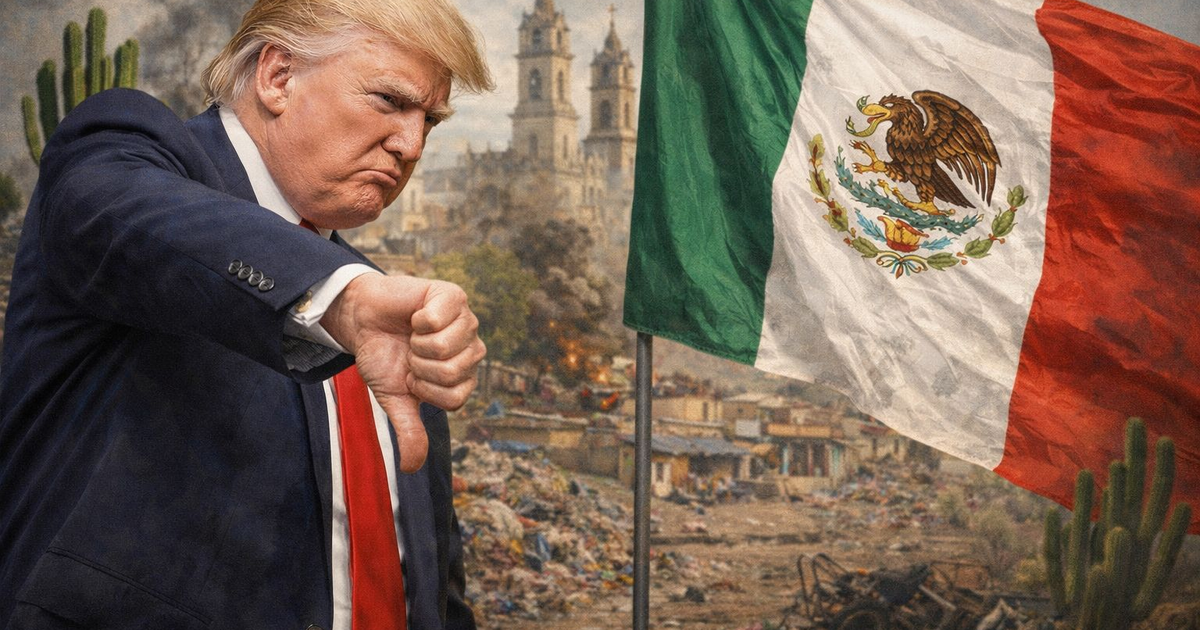 Persona mostrando un pulgar hacia abajo delante de la bandera de México, simbolizando la desaprobación.