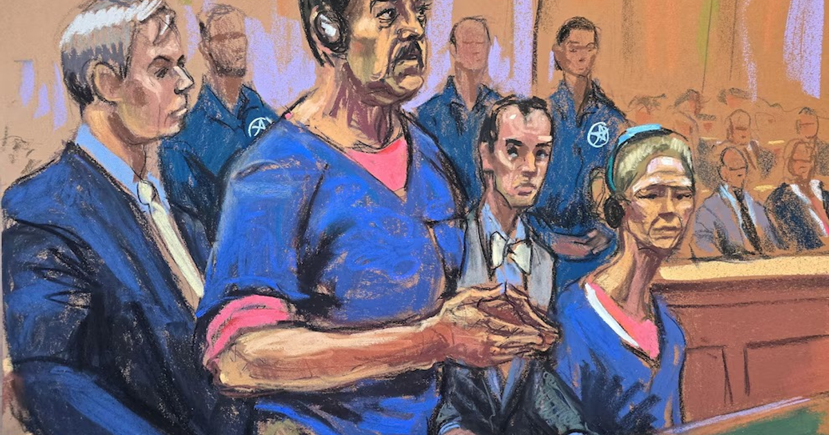 Ilustración artística de un juicio en un tribunal con personas vestidas en atuendos carcelarios y formales, representando un evento judicial significativo.