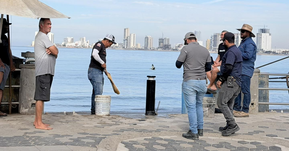Personas trabajando durante la instalación de bolardo en Mazatlán