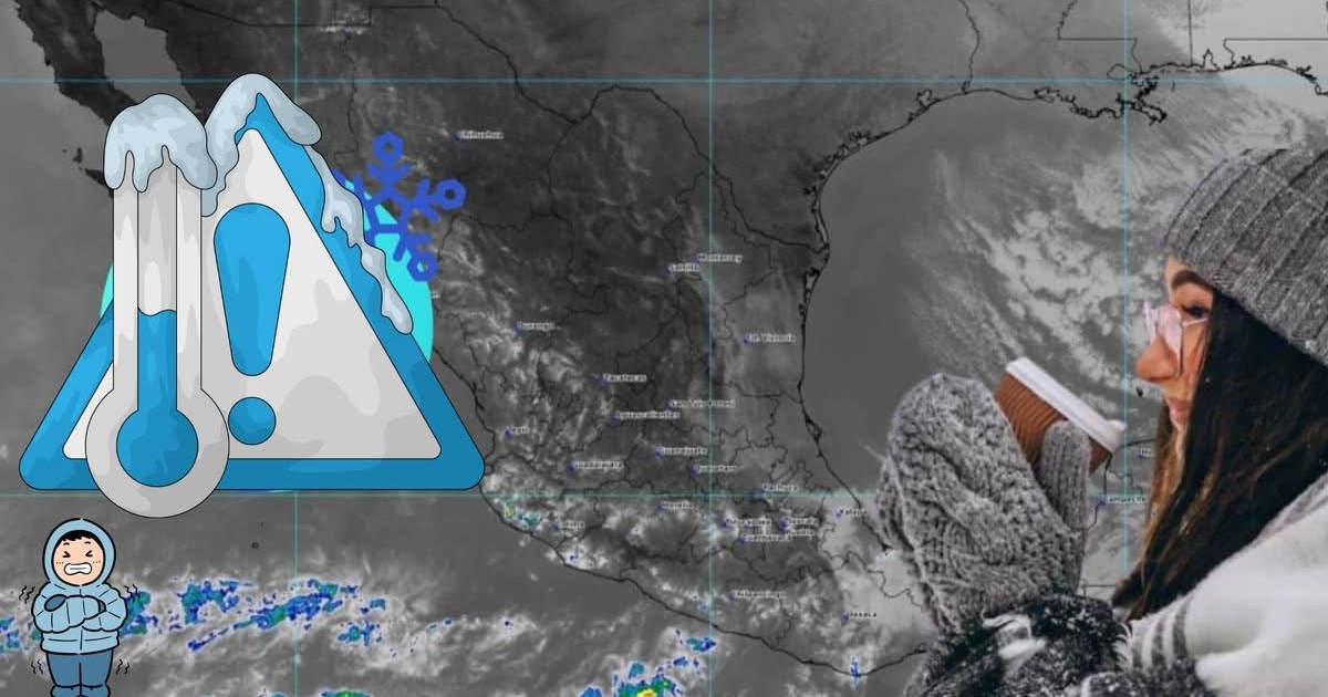 Mujer abrigada con gorro y guantes frente a un mapa de clima invernal con símbolos de frío.