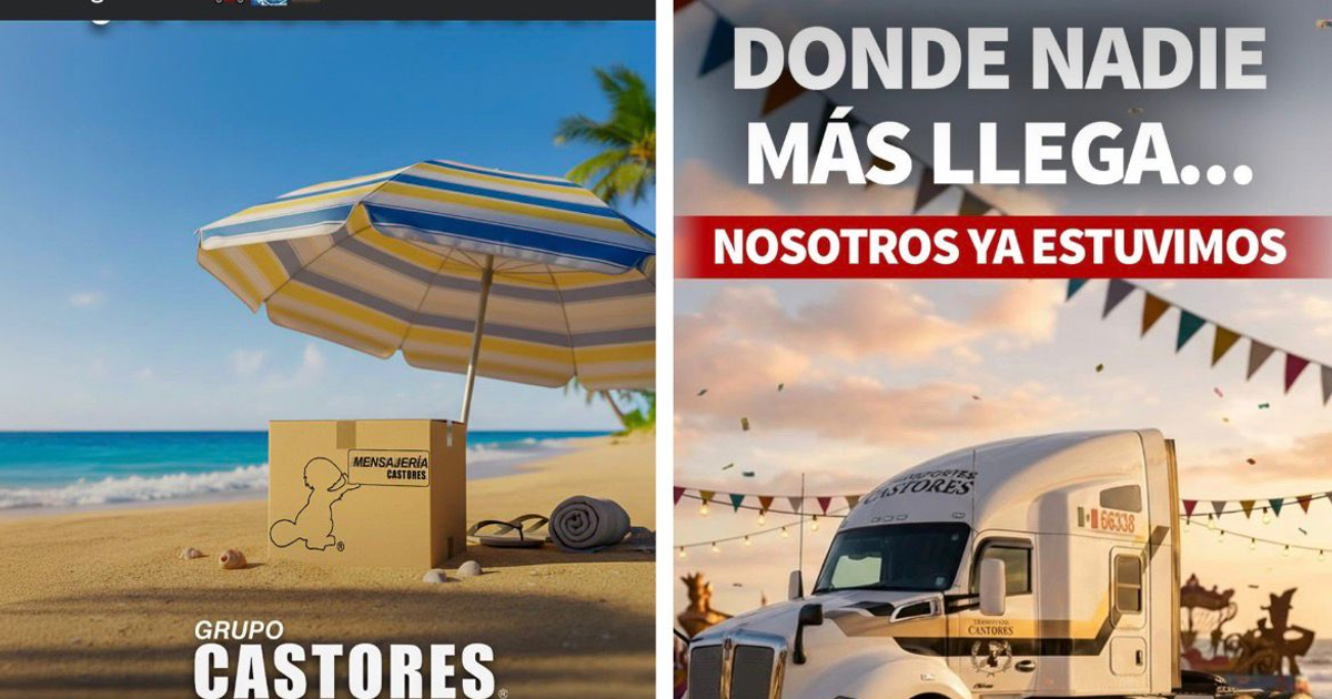 Camión de Mensajería Castores en playa junto a decoración festiva