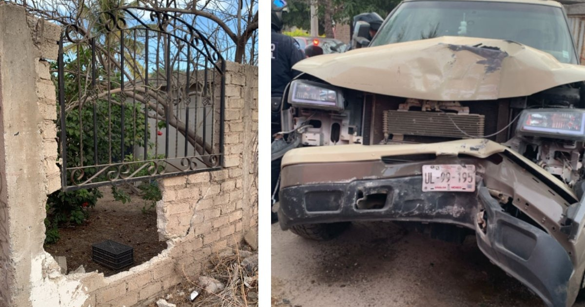 Camioneta accidentada y muro dañado tras persecución en Los Mochis