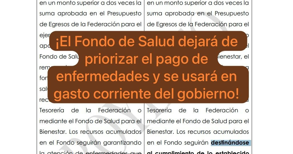 Fragmento sobre reforma del Fondo de Salud en México, mostrando cambio en asignación de recursos hacia gasto corriente, afectando atención a enfermedades graves.