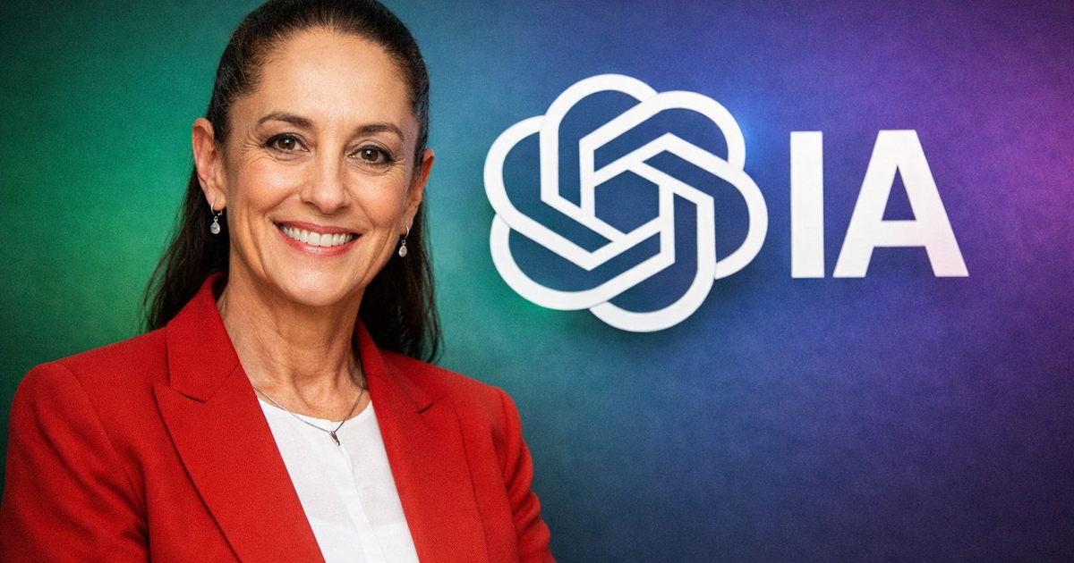 Persona sonriendo con un abrigo rojo y un logo de IA de fondo