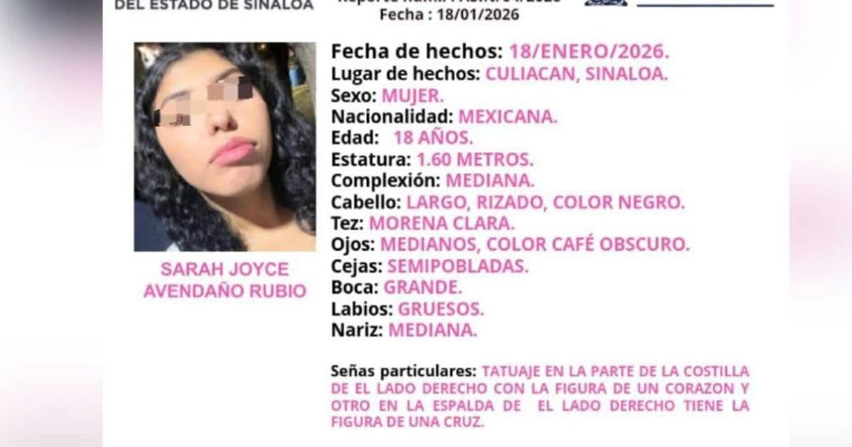 Cartel de búsqueda de Sarah Joyce Avendaño Rubio desaparecida en Culiacán, Sinaloa