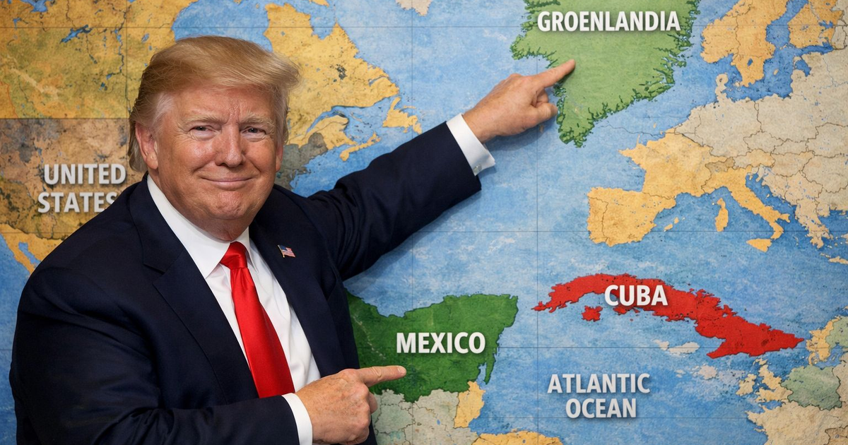 Persona señalando un mapa con Groenlandia, Cuba y el Océano Atlántico