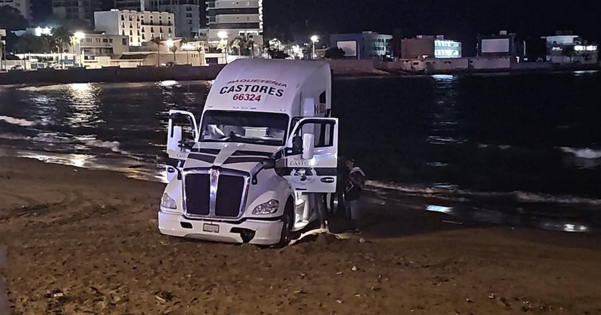 Camión estacionado en playa costera durante la noche, con puertas abiertas y edificios iluminados en el fondo.