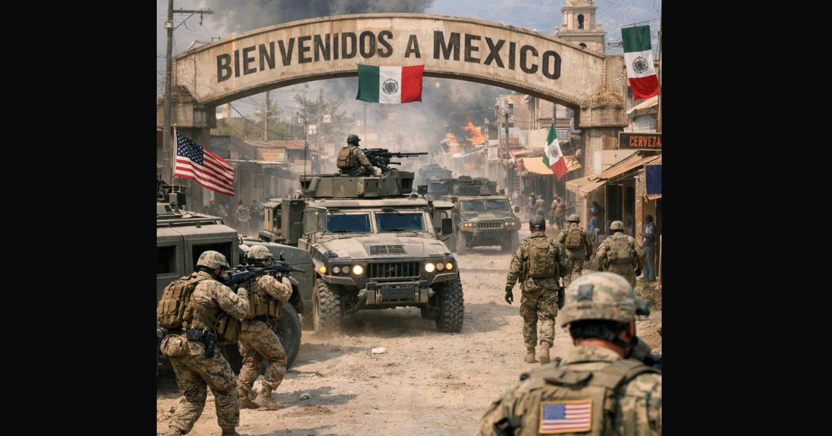 Tropas mexicanas y estadounidenses en operativos conjuntos, escena tensa con humo y llamas