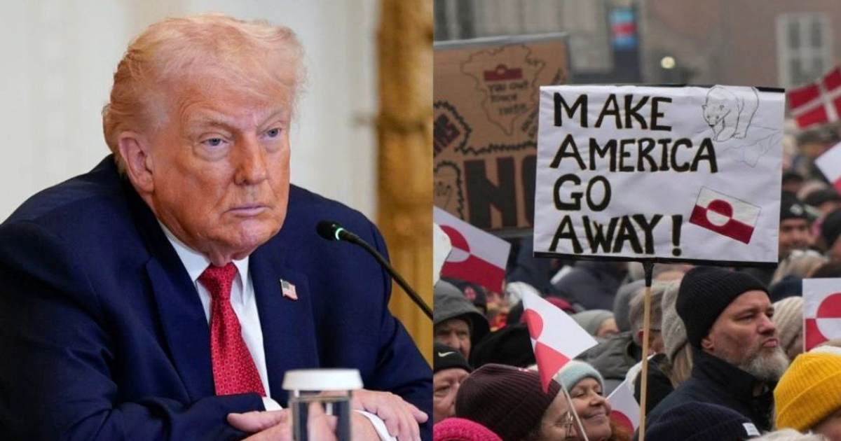 Persona seria en reunión, manifestación con cartel 'MAKE AMERICA GO AWAY!', protesta sobre tarifas y compra de Groenlandia por Trump.