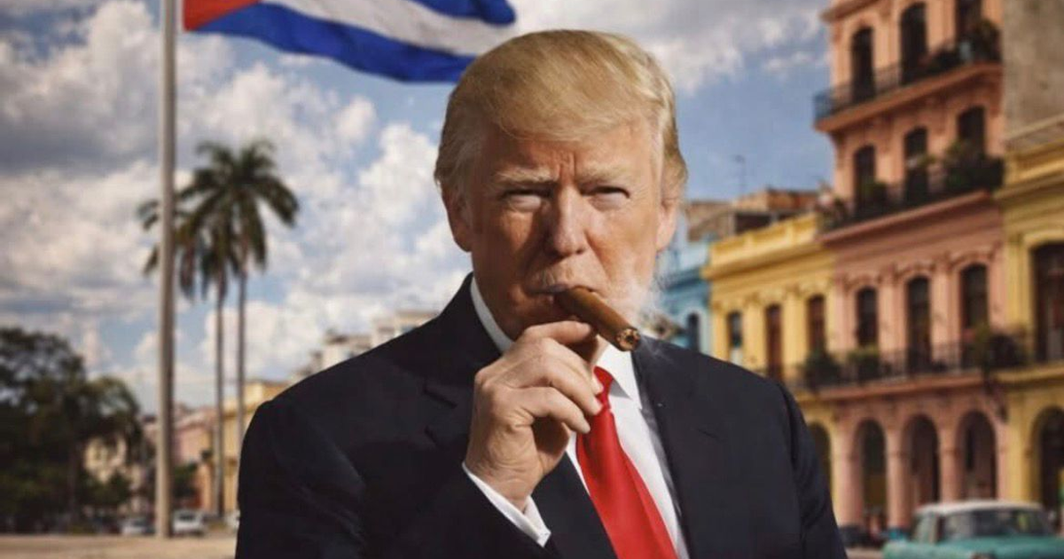 Trump fumando puro con bandera cubana de fondo en Truth Social