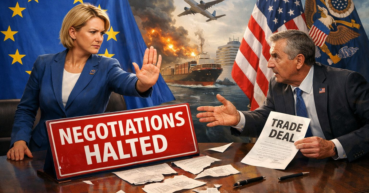 Representantes de la UE y EE.UU. en desacuerdo durante negociaciones comerciales, destaca el texto "NEGOTIATIONS HALTED" con un fondo de caos.