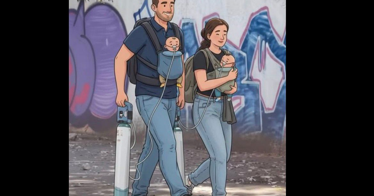 Familia con bebés y oxígeno caminando